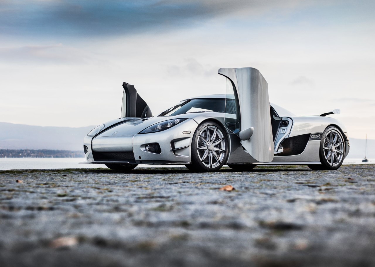 A silver carbon fiber Koenigsegg CCXR Trevita