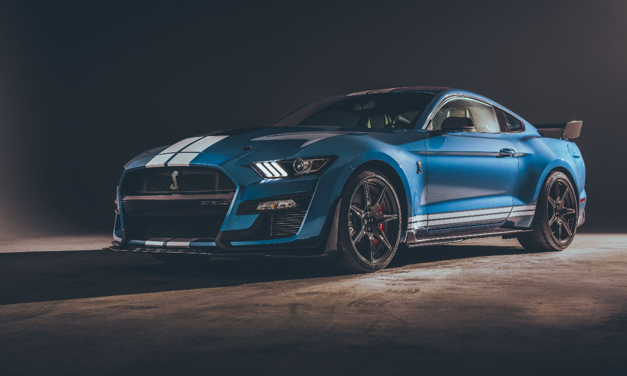 A blue 2020 Ford Mustang Shelby GT500