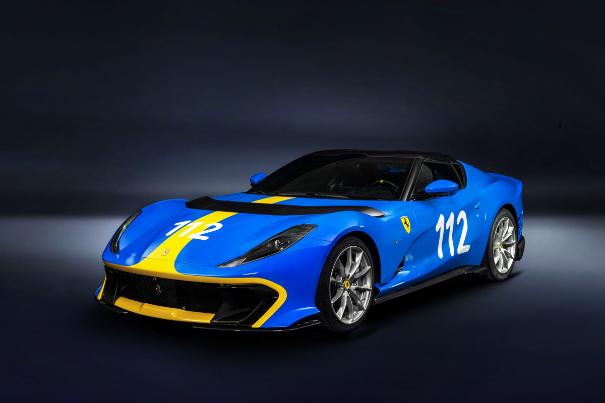a blue and yellow Ferrari 812 Competizione