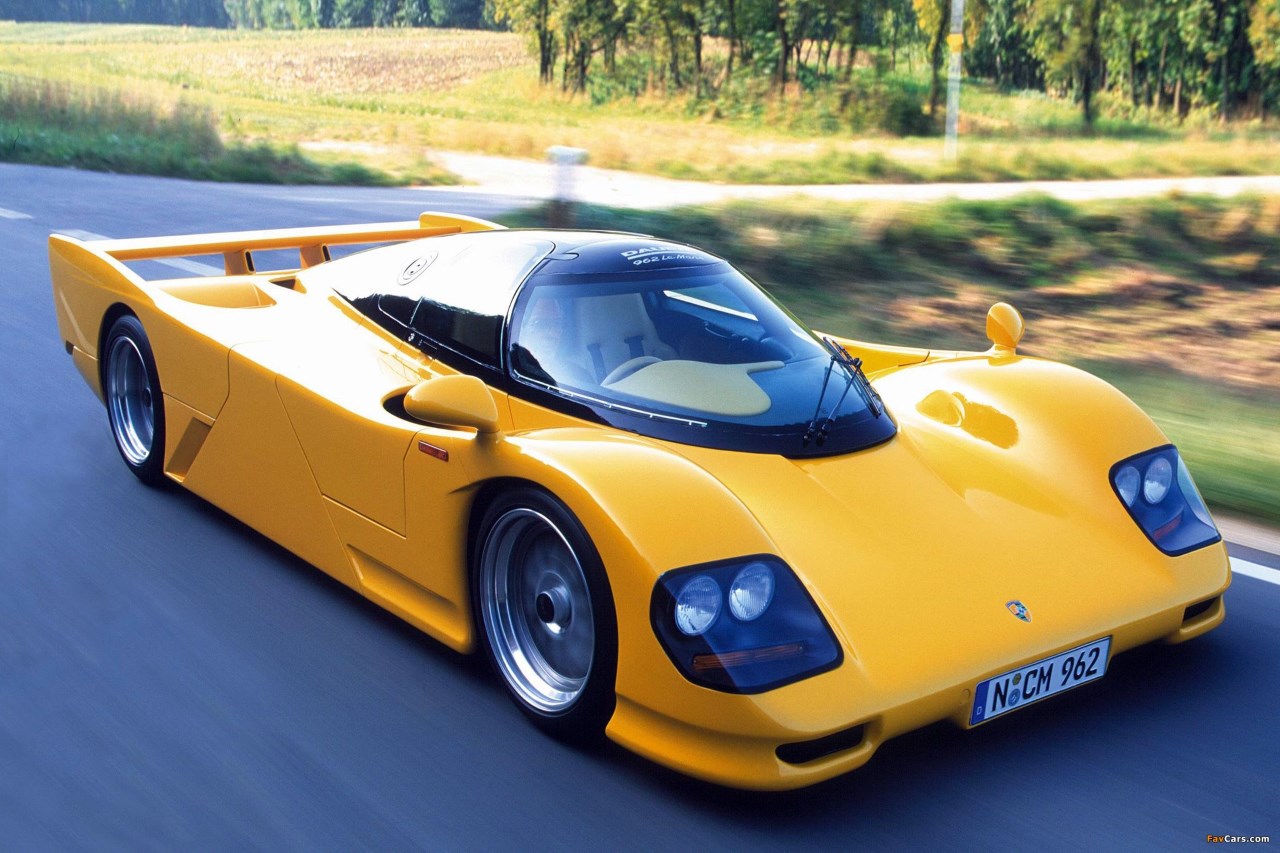 A yellow Dauer 962 Le Mans