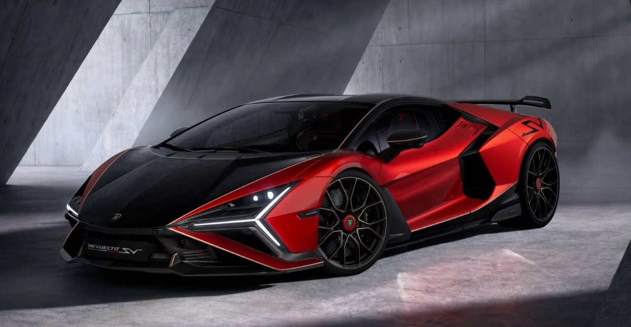 a two tone dark red and black Lamborghini Revuelto SV